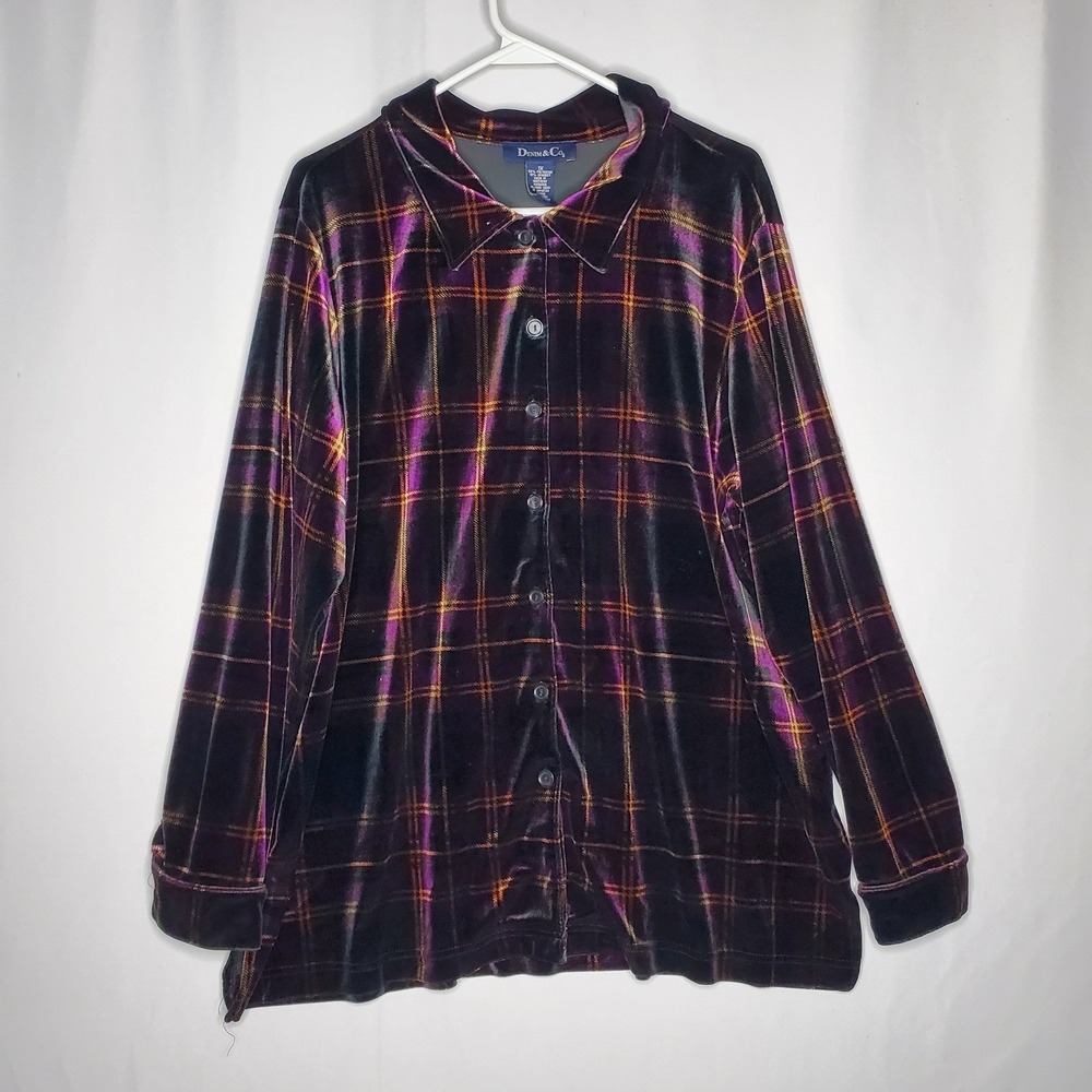 DENIM & CO Top Womens 1X Plaid Velvet Button Purple Gold Orange
